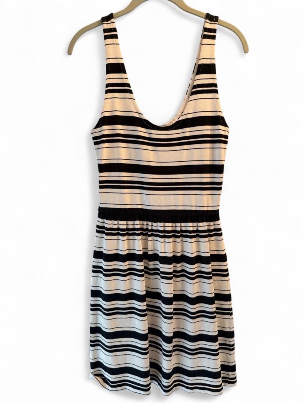 J. Crew Black and Cream Striped Sleeveless Knit Mini Dress